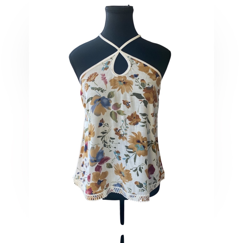 Floral Keyhole Halter Top - White Multicolor S EUC